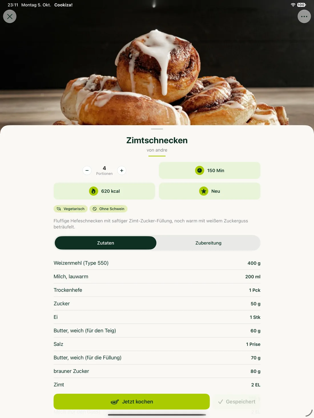 Cookiza! iPad – Ingredienti e porzioni in vista.